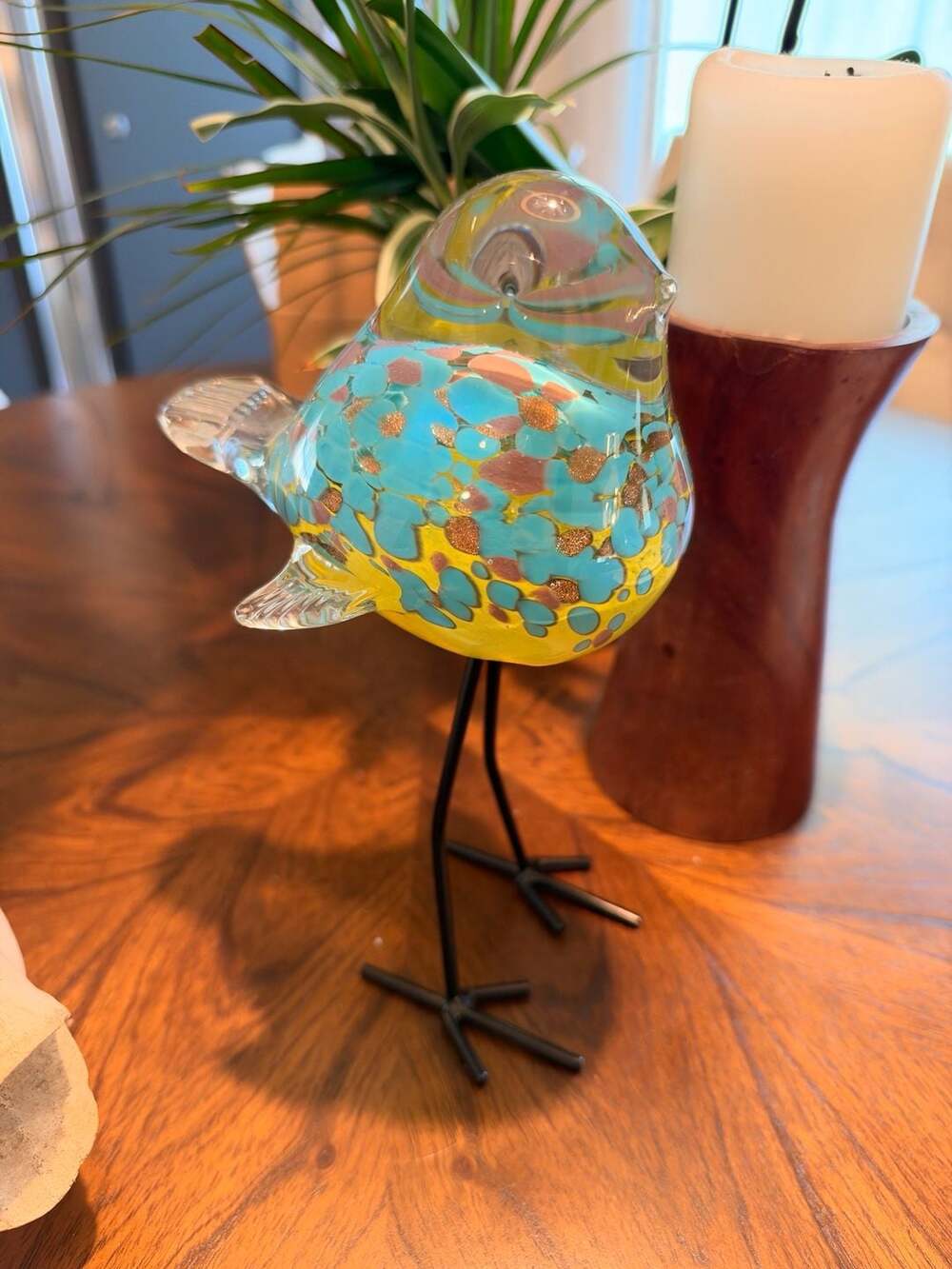 Murano Style Art Glass Bird Figurine Blue Yellow Metal Legs 9.5"